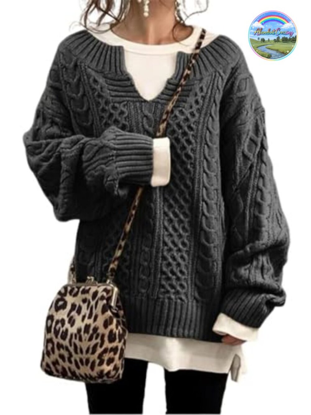 Women's Cable Knit V-Neck Pullover Sweater Loose Fit Long Sleeve